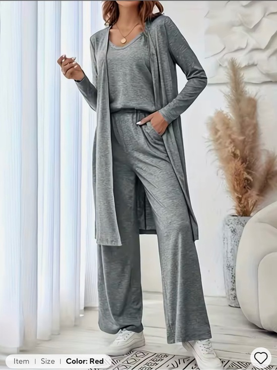 Pants - Women's 3-Piece Lounge Set - Soft Knit Cardigan, Tank & Wide-Leg Pant